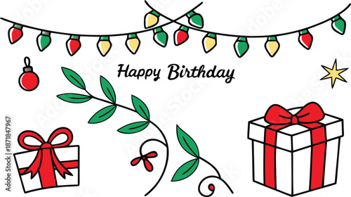 Vector Birthday Decorations and Elements Featuring Garland Lights Gift Boxes and Festive Ornaments