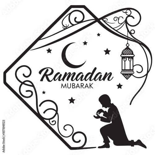 Ramadan Mubarak celebration with man praying under stars and crescent moon