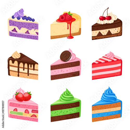A mouthwatering collection of nine illustrated cake slices, showcasing diverse flavors from berry cheesecake and chocolate drip to strawberry and matcha, all topped with fruit, cream, and cookies