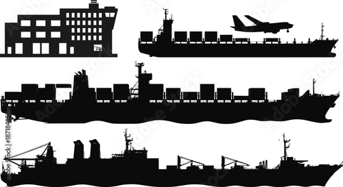 cargo ship silhouette collection, container vessels, bulk carrier ships, port building, airplane, maritime logistics, global transportation illustration
