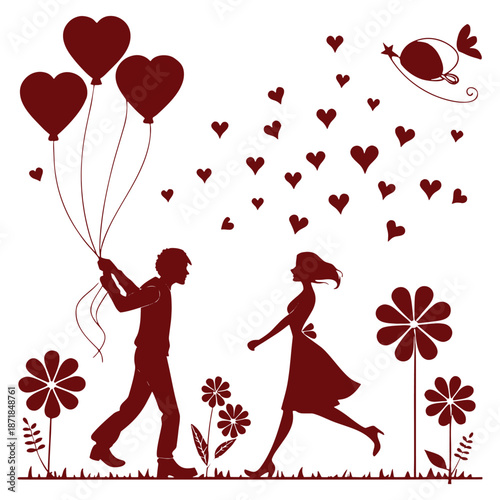 Couple celebrating love with heart balloons in romantic garden