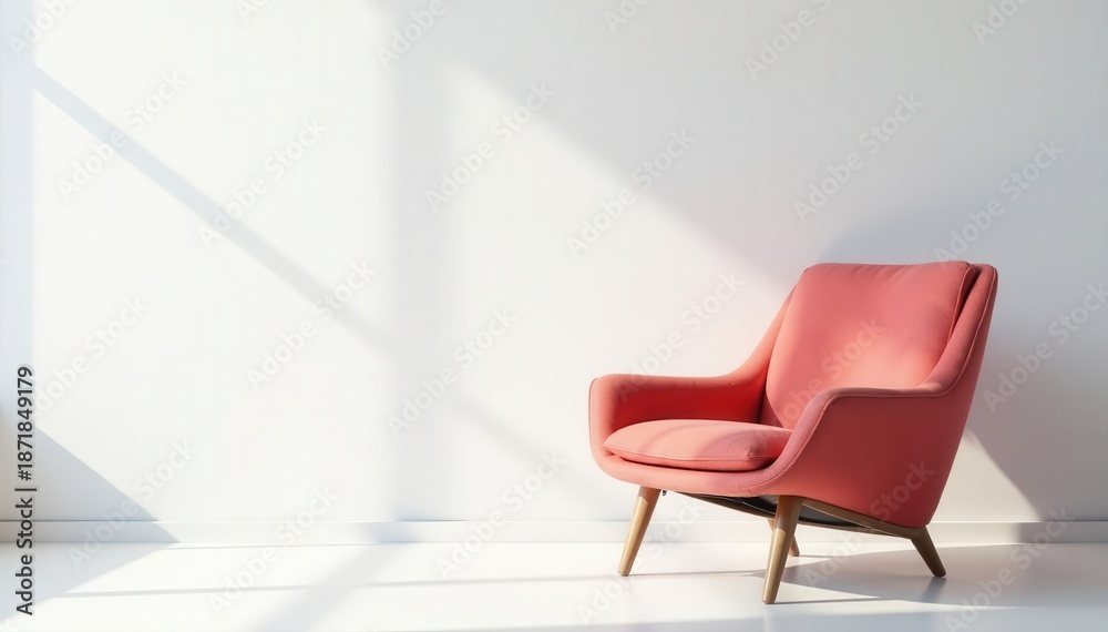Fototapeta premium Sleek armchair against blank white wall, minimalist design , clean, backdrop