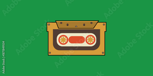 Stylized vector graphic featuring a vintage audio cassette tape in an old-fashioned player, evoking retro music, classic analogue sound technology, and nostalgic media playback