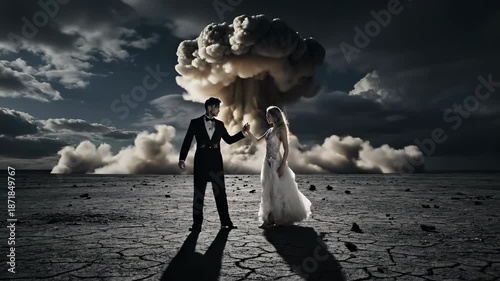 Elegant couple dancing as nuclear bomb explodes