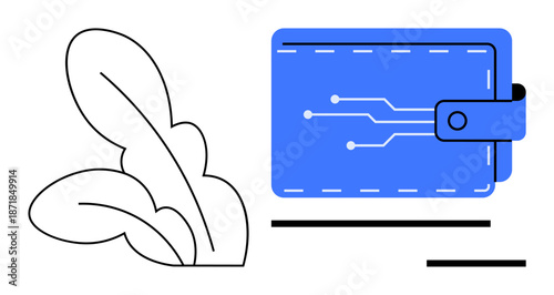 Financial technology, digital transactions, eco-consciousness, sustainability, digital wallets, futuristic finance. A wallet with circuit lines next to eco-themed leaves. Financial technology
