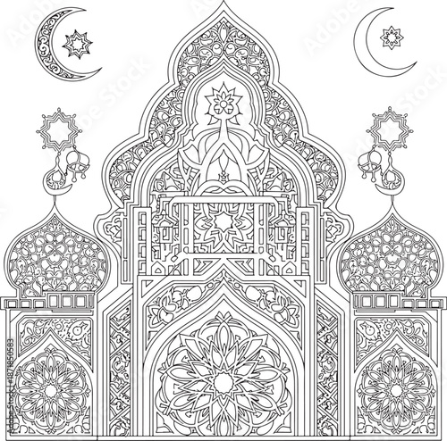 Ornate islamic mosque architecture with stars and moons Vector