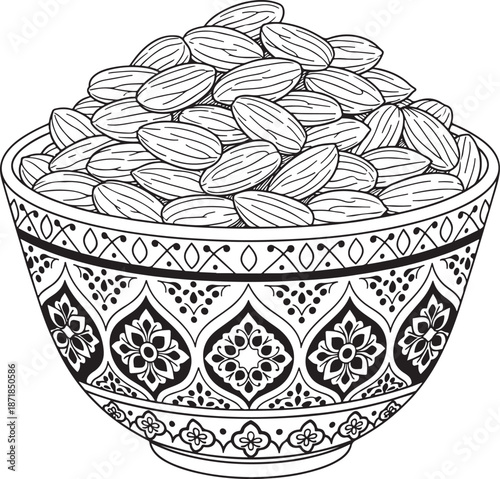 Ornate bowl of almonds illustration Vector