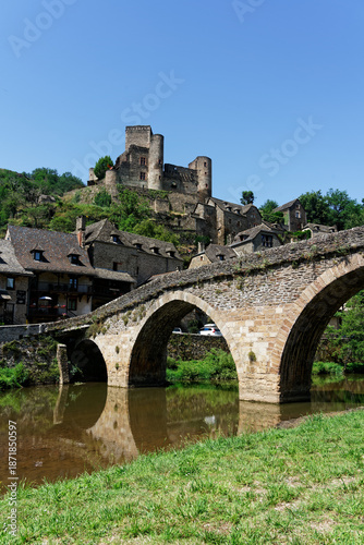 view of the picturesque village of Belcastel in Aveyron. view of the ancient castle and the emblematic bridge of this village