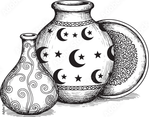 Ornate ceramic vessels with celestial design Vector