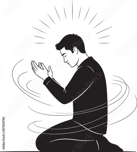 Man in prayer pose with spiritual aura Vector