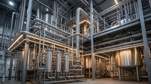 Wallpaper Mural Complex stainless steel pipe system and tanks within a modern industrial processing facility Torontodigital.ca