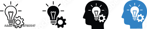 Creative thinking and innovation icons set, human head with light bulb and gear, idea development concept, flat outline vector illustrationCreative thinking and 