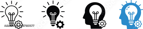 Creative thinking and innovation icons set, light bulb and human head symbols, idea development concept, flat outline vector illustrationCreative thinkinustration