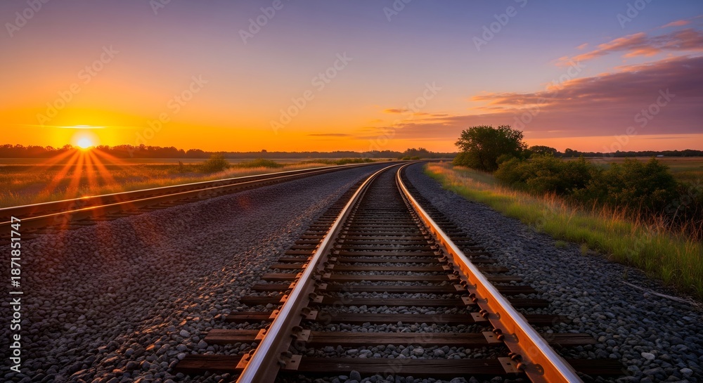 Fototapeta premium Railroad tracks disappearing into a vibrant sunset with golden sun rays and silhouetted trees