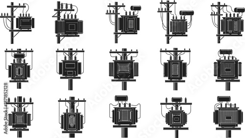 Collection of Electrical Transformers Mounted on Utility Poles Black Silhouettes Keywords: electrical transformer, utility pole