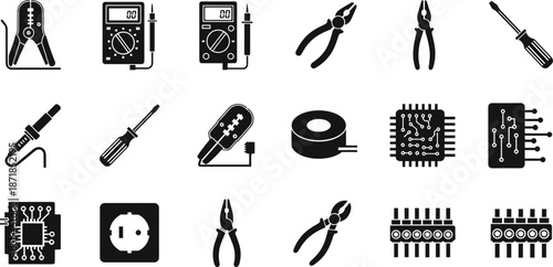 Collection of Electronic Components and Tools Icons on White Background electronics electrical