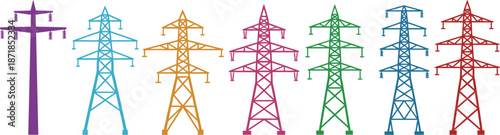 Colorful Electrical Transmission Towers and Utility Pole Collection Keywords: transmission tower, pylon, utility pole