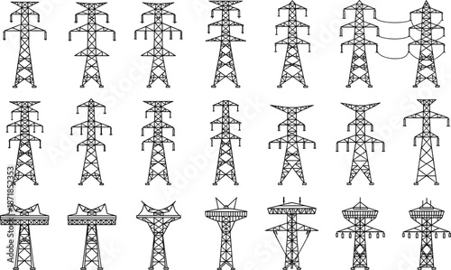 Diverse collection of high-voltage electricity transmission towers in outline Keywords: electricity, power, transmission, tower