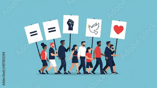 Diverse People Marching with Equality Signs during Protest