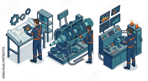 Isometric Mechanical Engineering Teamwork: Gearbox Inspection, Maintenance