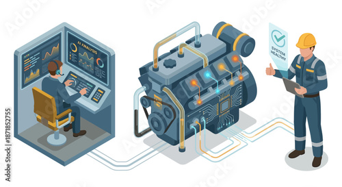 Isometric Engine Diagnostic: AI Analysis, System Health Check