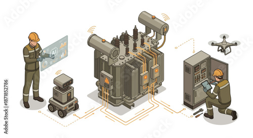 Isometric Electrical Transformer Maintenance with AI, Drone, and Robotics