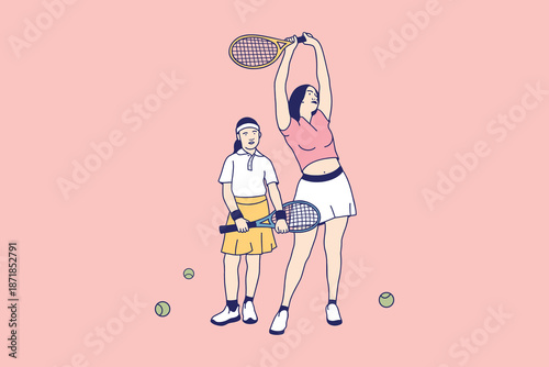 Two Female Athlete Playing Tennis Flat Style Illustration