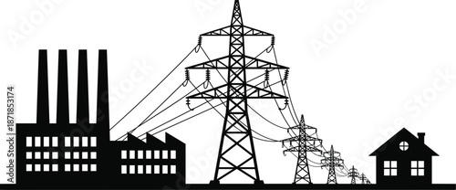 Silhouette of Industrial Factory, Power Lines, and Houses industry electricity