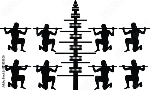 Silhouette of people performing lunges with barbells around a central structure Keywords: silhouette, people, fitness, exercise