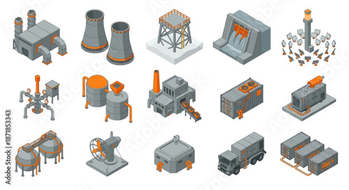 Isometric Industrial Energy and Power Plant Infrastructure Vector Icons Set with Factory, Solar, Wind, and Hydroelectric Generation Elements for Sustainable Manufacturing and Logistics Design
