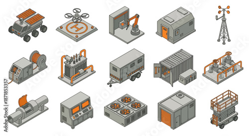 Isometric Industrial Equipment and Infrastructure Icon Set featuring Robotic Arm, Drone, Exploration Rover, HVAC, and Construction Machinery for Smart Factory and Logistics Visualization