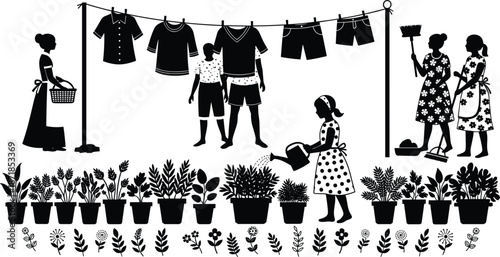 Silhouette of people doing laundry and gardening with potted plants clothesline washing