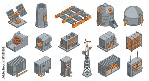 Isometric industrial energy infrastructure icons featuring solar panels, power generators, storage tanks, and electrical equipment for sustainable engineering and utility management.