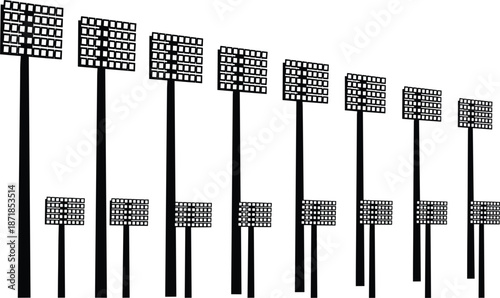 Silhouettes of stadium floodlights of varying heights and sizes Keywords: stadium, floodlight, light, lighting, sports, arena