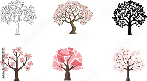 Cherry blossom tree illustration set, stylized spring floral graphics, botanical clipart, nature vector art, pink bloom design elements