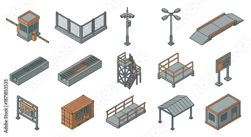 Isometric Industrial Construction Infrastructure Set with Security Booth, Guardhouse, Watchtower, Shipping Container, and Logistics Site Elements for Architectural Planning and Safety