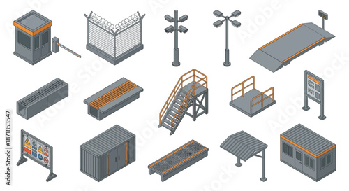 Isometric Industrial Security and Logistics Infrastructure Set with Guard Booth, Surveillance Cameras, Shipping Containers, and Construction Site Equipment for Architectural Site Planning