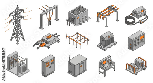 Isometric Electrical Power Infrastructure Icons for Energy Grid Management. Industrial Substation Equipment, High Voltage Pylon, Transformer, and Control Panel Vector Set for Utility Engineering.