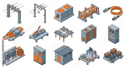 3D Isometric Electrical Substation Equipment Set for Power Grid Infrastructure, High Voltage Transformers, Control Panels, and Industrial Energy Distribution Components