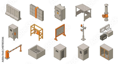 Isometric Industrial Infrastructure and Construction Site Safety Equipment Icon Set, 3D Vector Elements for Urban Development, Security, and Engineering Infographics