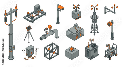 Isometric Industrial Infrastructure and Smart Utility Icons Set featuring Power Grid Equipment, Telecommunications, Weather Monitoring Sensors, and Renewable Energy Hardware in Orange and Gray