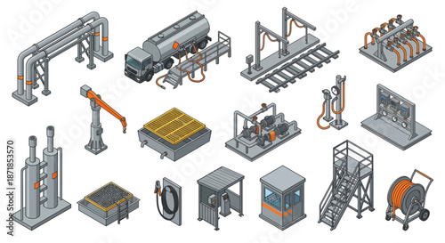 Isometric Industrial Equipment and Oil Infrastructure Set for Logistics, Featuring Tanker Truck, Pipelines, Railway, and Fuel Storage Elements for Energy Sector Infographics and Site Planning