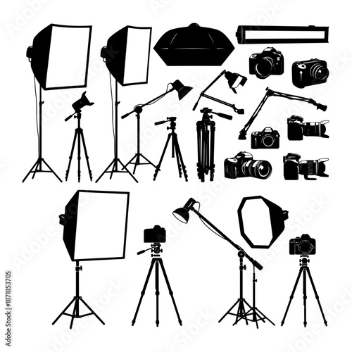 silhouettes of professional photography gear softboxes, tripods, boom arms, and DSLR cameras