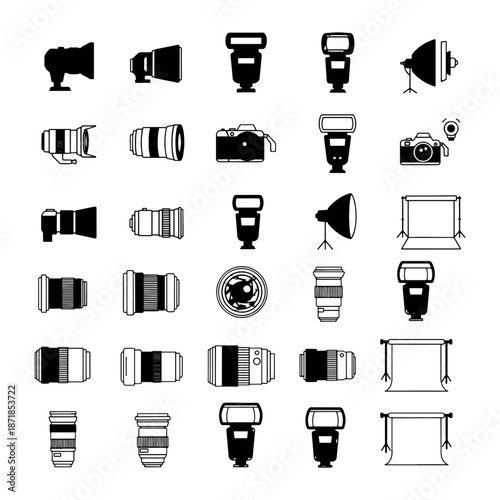 icons of camera lenses, external flashes, and photography backdrops