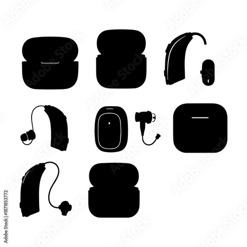 silhouettes of modern BTE and ITE hearing aids and their charging cases