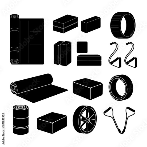 Solid black silhouettes of rolled yoga mats, foam blocks, yoga wheels, and resistance bands.