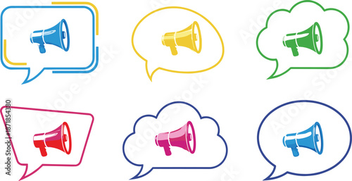 Colorful collection of megaphone icons inside various speech bubbles including rounded, square, and cloud shapes isolated on white background for marketing announcement.
