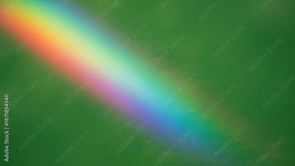 Naklejka premium Colorful rainbow spectrum on green background. Abstract light refraction pattern for art display or St. Patrick Day festive theme.