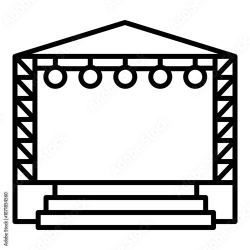 Festival stage icon showing a basic platform with roof and hanging lights, representing outdoor events, celebrations, performances, and temporary venues.