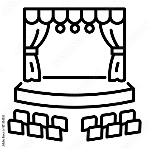 Theater stage icon with seating area, symbolizing audience, live performance, auditorium, cinema, and cultural entertainment spaces.